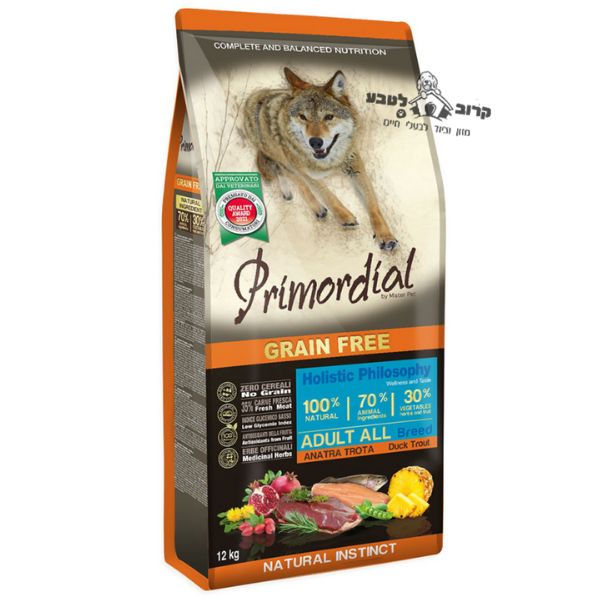 שק מזון לכלבים Primordial Grain Free פורל וברווז 12 ק"ג