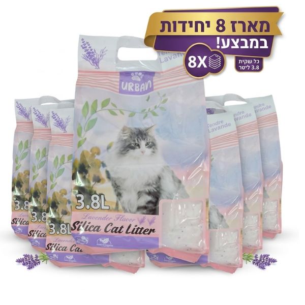 תמונת פרסום המציגה מארז של שמונה שקיות חול סיליקה קריסטל גרוס לחתולים מבית URBAN (אורבן). על כל שקית מופיע צילום של חתול פרוותי לבן-אפור, הכיתוב "3.8L" ו"Silica Cat Litter" ואיורי לבנדר. ברקע מופיע באנר סגול עם טקסט בזהב: "מארז 8 יחידות במבצע!". לצידו אייקון "8X" ותגית "כל שקית 3.8 ליטר". ענפי לבנדר טריים מונחים בתחתית הקומפוזיציה.