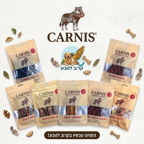 מגוון שקיות חטיפי Carnis טבעיים לכלב על רקע עץ
