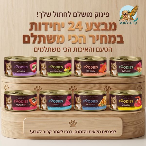 כרזה שיווקית של שימורי מזון משלים לחתולים Foodies במארז חיסכון של 24 פחיות במחיר המשתלם ביותר בחנות קרוב לטבע